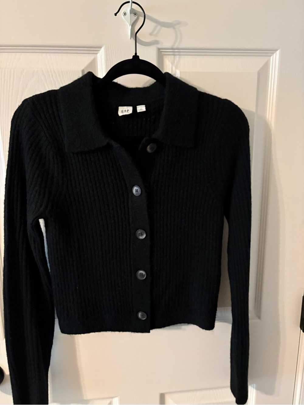 GAP Black Ribbed Button-Up Collared Cardigan